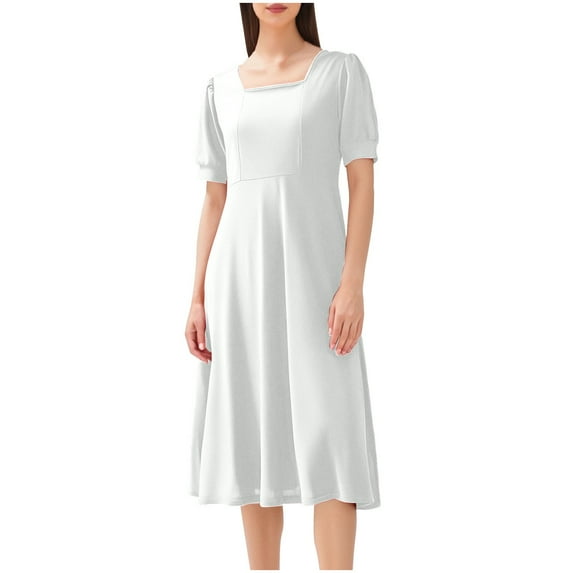 asdoklhq Corset Dress Women's Spring/summer Solid Color Square Collar Slim Short-sleeved Dress White L