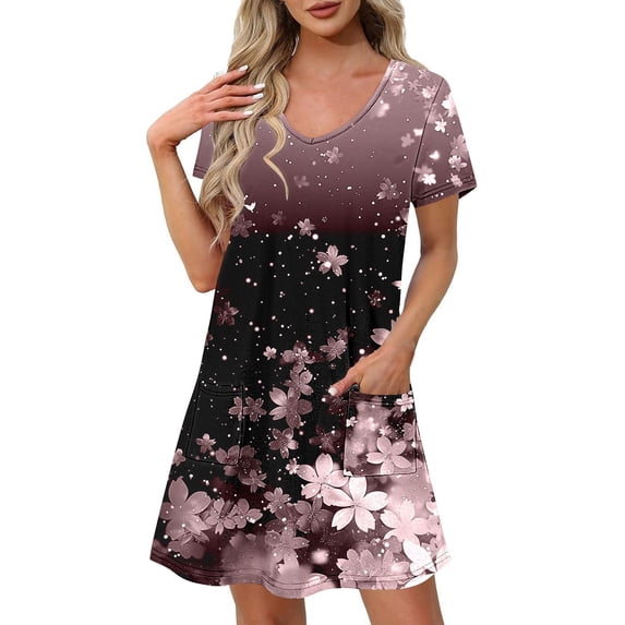 asdoklhq Corset Dress for Women Fashion Summer Print Short-sleeved V-neck Casual Dress Pink XL