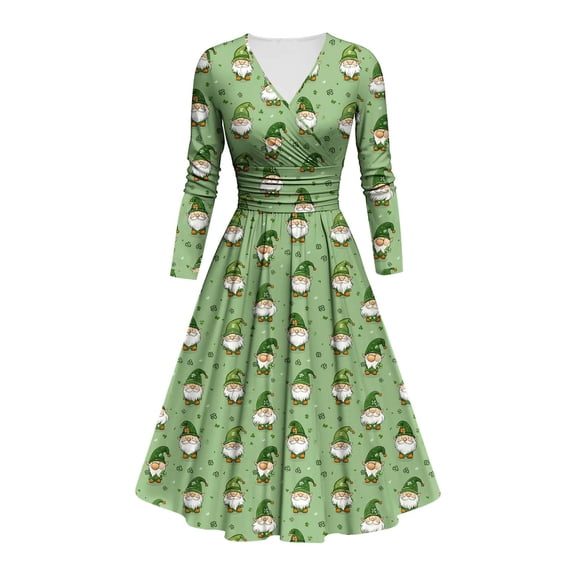 asdoklhq Corset Dress for Women Ladies' Printed Style Long Sleeved V-neck Dress Green M