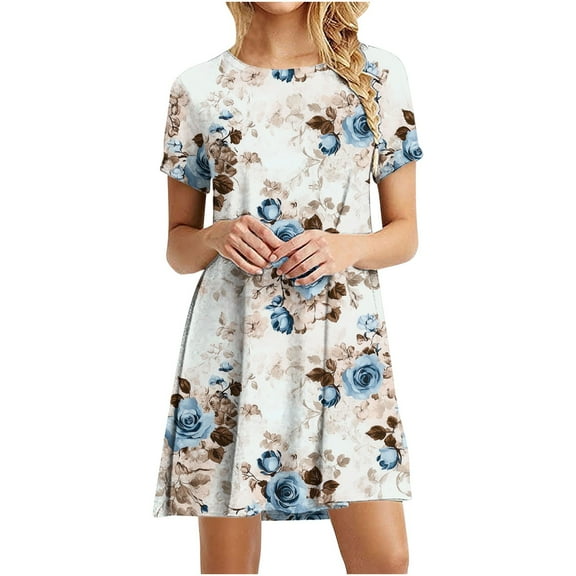 asdoklhq Corset Dress for Womens Casual Printed Short Sleeve Round Neck Ladies Dress Green M