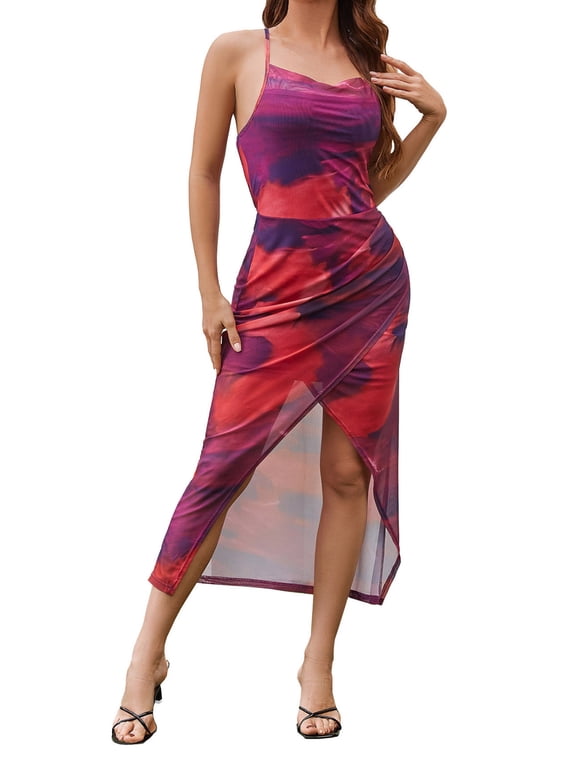 Corset Dress for Womens Printed and Dyed Split Suspender Dress Purple M