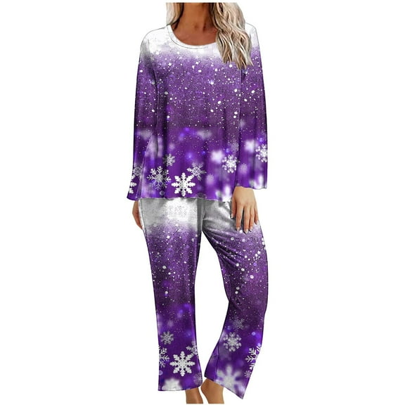 asdoklhq Cotton Pajamas for Women Ladies' Christmas Printed Casual Top Pants Pajama Set Purple 2X