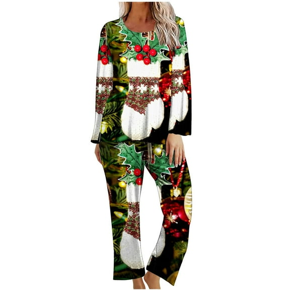 asdoklhq Cotton Pajamas for Women Ladies' Christmas Printed Casual Top Pants Pajama Set Red 2X