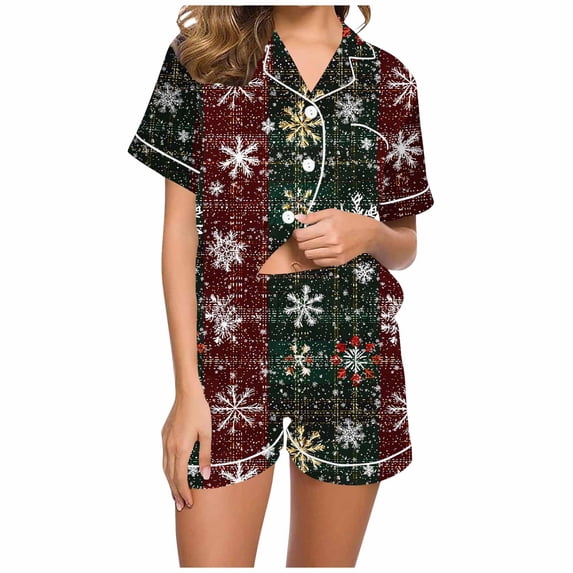 asdoklhq Cotton Pajamas for Women Women Christmas Printed Stand Up Collar Pocket Short Sleeved Top Shorts Home Wear Pajama Set Red S