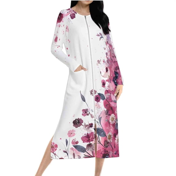 asdoklhq Cotton Robes for Women Winter Warm Nightgown and Winter Nightdress Zip with Pokets Loose Pajamas Multicolor L