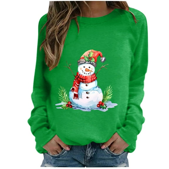 asdoklhq Cotton Sweaters for Women Fashion Casual Christmas Print Round Neck Loose Long Sleeve T-shirt Blouse Green L