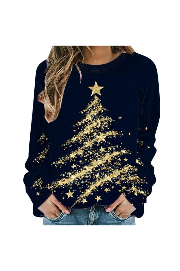Cotton Sweaters for Women's Christmas Print Loose Round Neck Sweatshirt Long Sleeved Hooded Sweatshirt Gold M