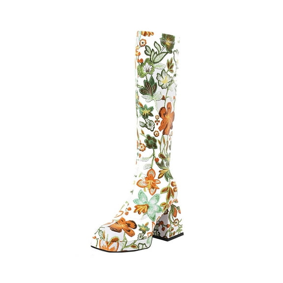 asdoklhq Cowboy Boots for Women,Autumn And Winter Flowers Color Matching Thick High-heeled Platform Women's Sleeve High Boots