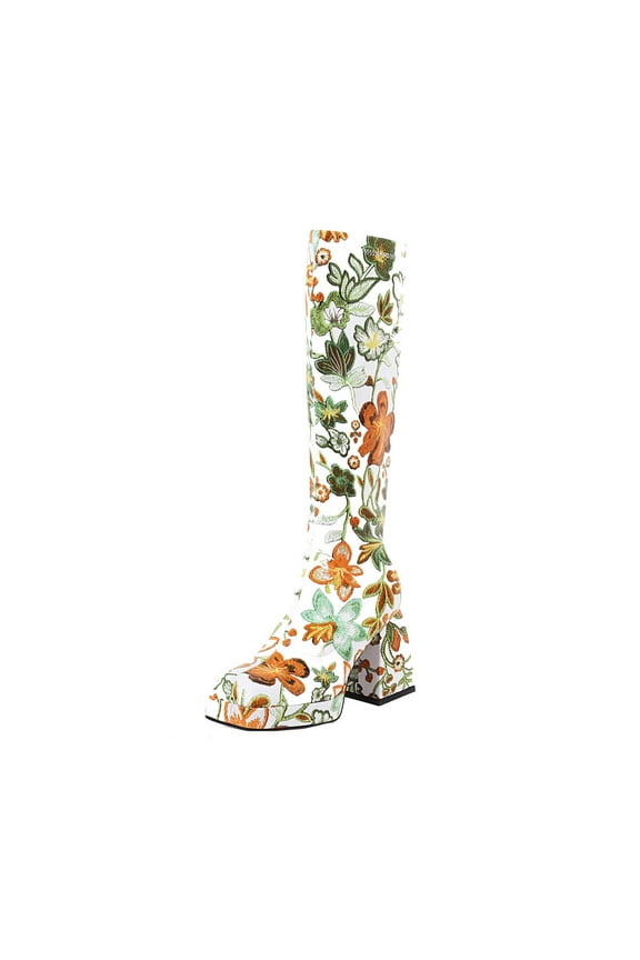 Cowboy Boots for Women,Autumn And Winter Flowers Color Matching Thick High-heeled Platform Women's Sleeve High Boots