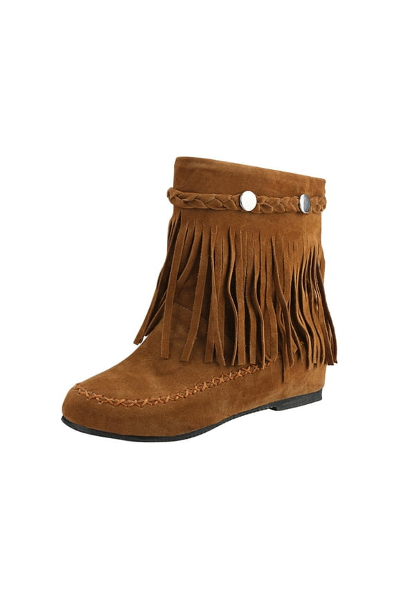 Cowboy Boots for Women,Women's Retro Shoes Casual Fashion Solid Color Fringed Frosted Suede Flat Inner Height Ankle Boots