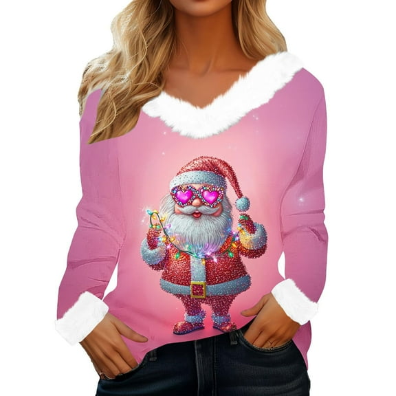 asdoklhq Cozy Sweaters for Women Ladies' Loose and Casual Christmas Tree Printed Patchwork V-neck Long Sleeved Top Multicolor L