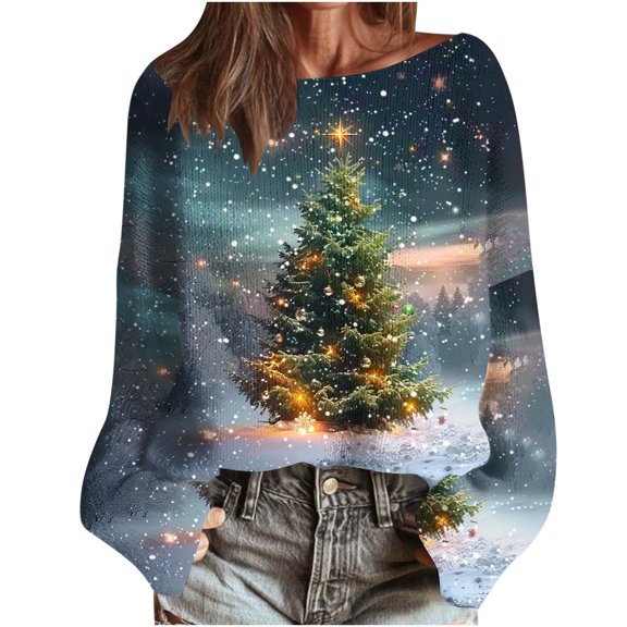 asdoklhq Crewneck Sweatshirt Women's Christmas Printed Casual Round Neck Long Sleeve Pullover Sweater Knit Pullover 2025 Fall Fashion Graphic Crochet Tops Hippie Clothes Blue M