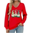 thumbnail image 1 of asdoklhq Crewneck Sweatshirt Women's Fashionable and Casual Loose Christmas V-neck Long Sleeved T-shirt Top Red S, 1 of 7