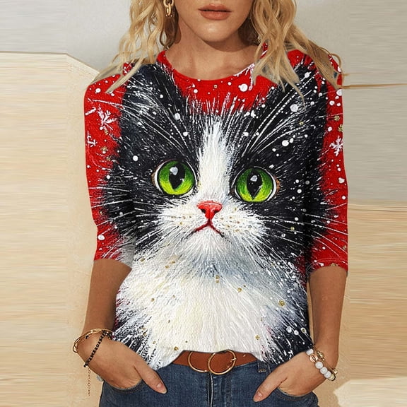 asdoklhq Crewneck Sweatshirts Women Fashion Tees Casual Crewneck 3/4 Sleeve Loose T Shirt Ladies Blouses Shirts Multicolor 2X