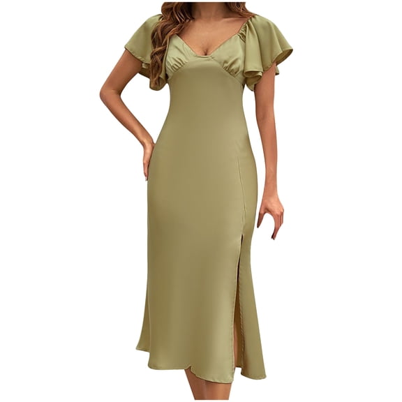 asdoklhq Dress Shirts for Women Ladies' Summer Fashion Solid Color High Waist Slim Short Sleeved Slit Dress Green L