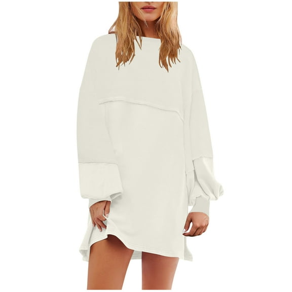 asdoklhq Dress Shirts for Women Solid Color Long Sleeve Neck Slim Slit Dress Long Sleeve Round-Neck Dress White 2X