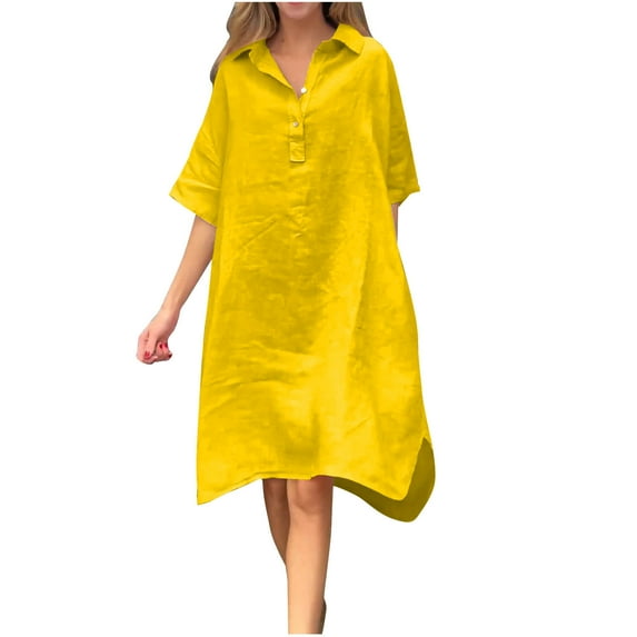 asdoklhq Dress for Women Fashion Women Solid Color V-neck Short Sleeve Tie Buckle Easy Difference In Length Before and After Dress Yellow XL