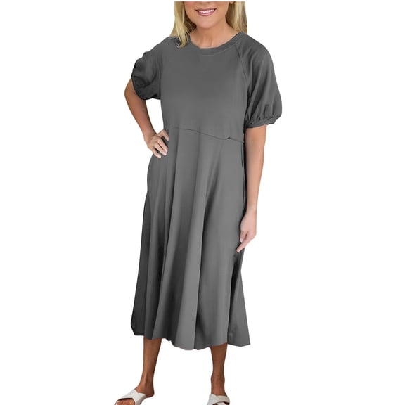 asdoklhq Dress for Women Fashion Women Summer Casual Round-Neck Short Sleeve Solid Long Dress Gray 3X