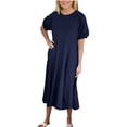 thumbnail image 1 of asdoklhq Dress for Women Fashion Women Summer Casual Round-Neck Short Sleeve Solid Long Dress Navy XL, 1 of 6