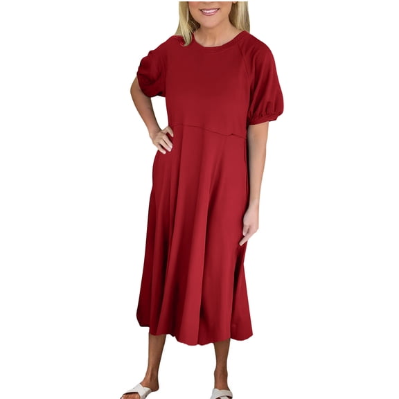 asdoklhq Dress for Women Fashion Women Summer Casual Round-Neck Short Sleeve Solid Long Dress Wine 3X