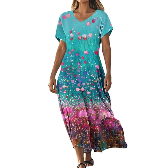 asdoklhq Dress for Women Fashionable Printed Short Sleeved V-neck Dress Long Skirt Purple 2X