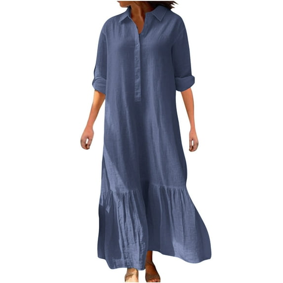 asdoklhq Dresses for Women 2025 Elegant Classy Fashionable Women's Long Sleeved V-neck Solid Color Loose Fitting Dress Blue 4X