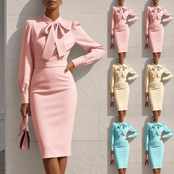 asdoklhq Dresses for Women Bow Dress Women Solid Long Sleeve Round Neck Bows Waisted Dresses Beige S