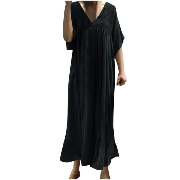 asdoklhq Dresses for Women Fashion Women Casual Lace Crochet-Neck Short Sleeve Dress Black 3X