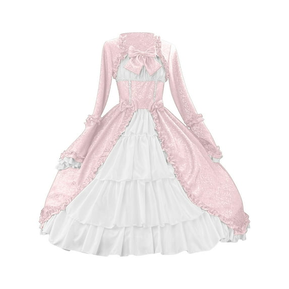 asdoklhq Dresses for Women Fashion Women Vintage Gothic Court Collar Patchwork Bow Dress Pink XL