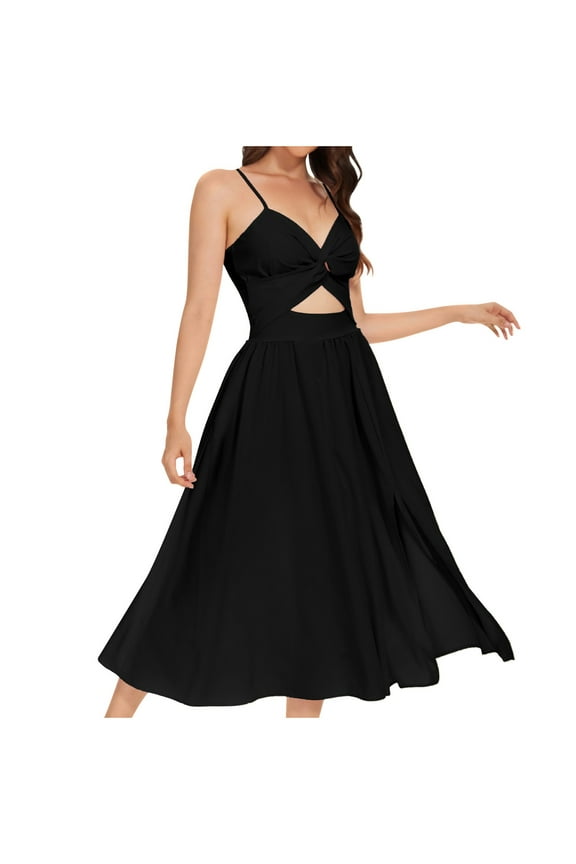 Dresses for Women Hoco Dresses Women's Fashion Color Strap V-Neck Flap Dress Black S