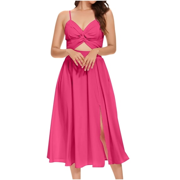 asdoklhq Dresses for Women Hoco Dresses Women's Fashion Color Strap V-Neck Flap Dress Hot Pink M