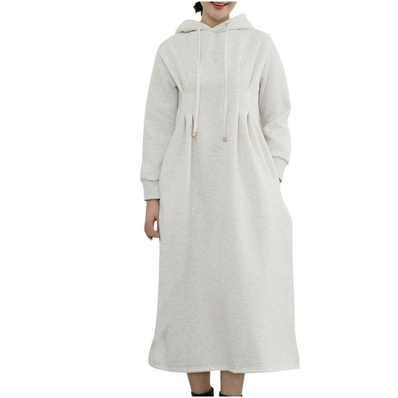 asdoklhq Dresses for Women Ladies' Fashion Solid Color Pocket Waist Splicing Hooded Dress Beige L