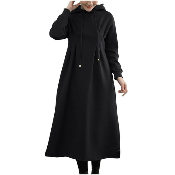 asdoklhq Dresses for Women Ladies' Fashion Solid Color Pocket Waist Splicing Hooded Dress Black L