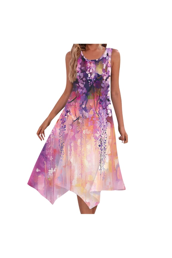 Dresses for Women Semi Formal Ladies Summer Fashion Printed Sleeveless Round Neck Casual Tank Dress Pink M