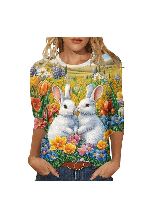 Easter Tops for Women 2026 Button Down Women's Easter Print Loose Casual Round Neck Three-Quarter Sleeve T-Shirt Pullover Yellow 2X