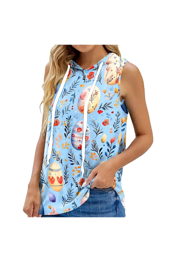 Easter Women Blous Shirts for Women Fashion Printed Hooded Sleeveless Multicolor 3X