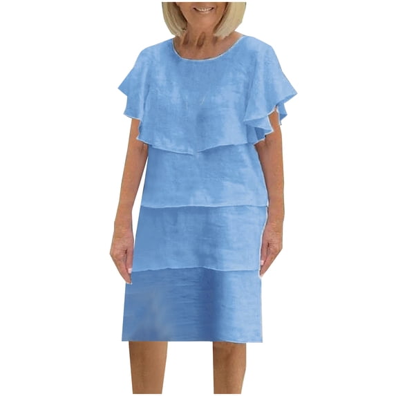 asdoklhq Elegant Dresses for Women Casual Solid Color Shawl Round Neck Round Neck Dress Sky Blue XL