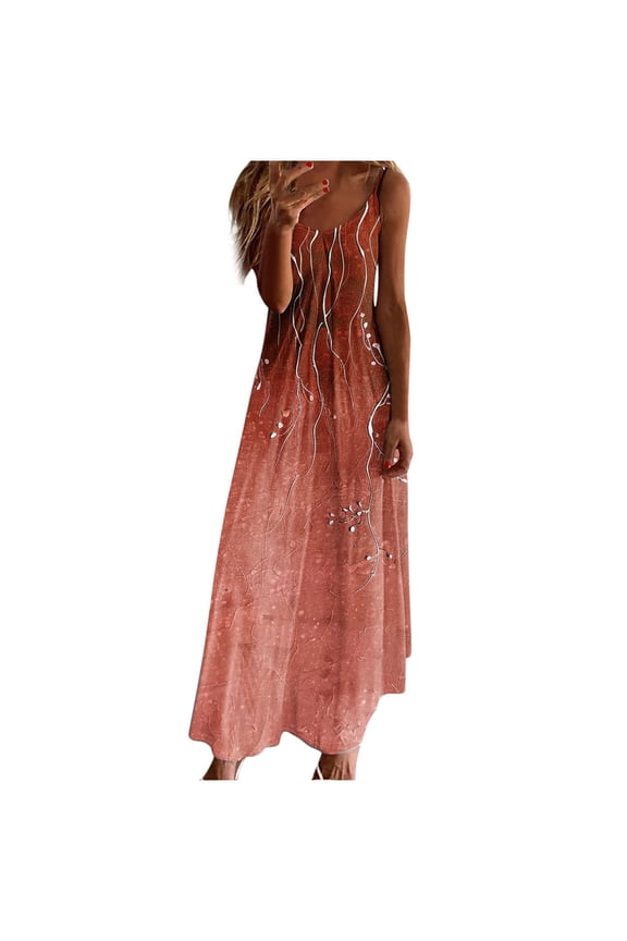 Elegant Dresses for Women Cruise Dress Summer Dresses for Women Print Sleeveless Round Neck Dress Casual Long Dresses Red 3X