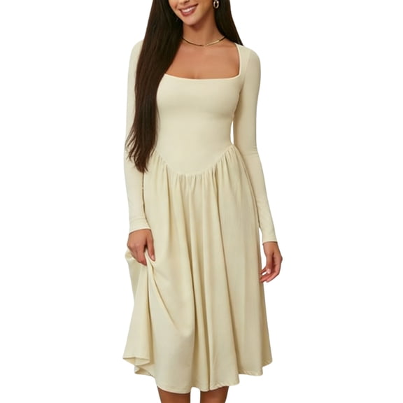 asdoklhq Elegant Dresses for Women Neck Long Sleeve Fitted-Waist Slim Solid Midi Knee-High Dress Beige XL