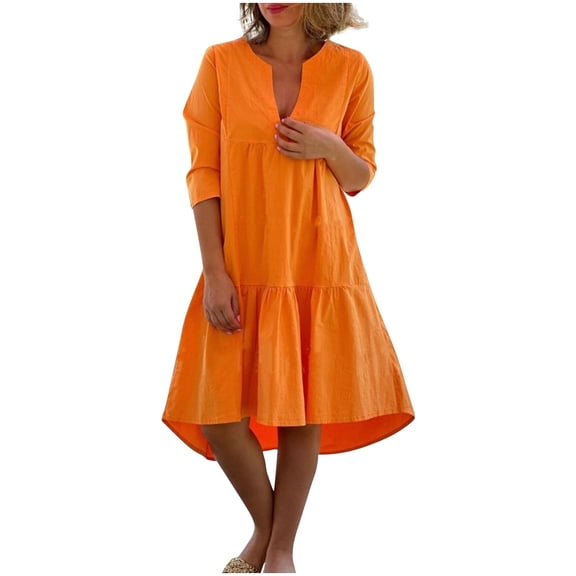 asdoklhq Elegant Dresses for Women Short Sleeve Women's Fashion Casual Solid Color V-neck Linen Plus Size Long Dress Orange XL