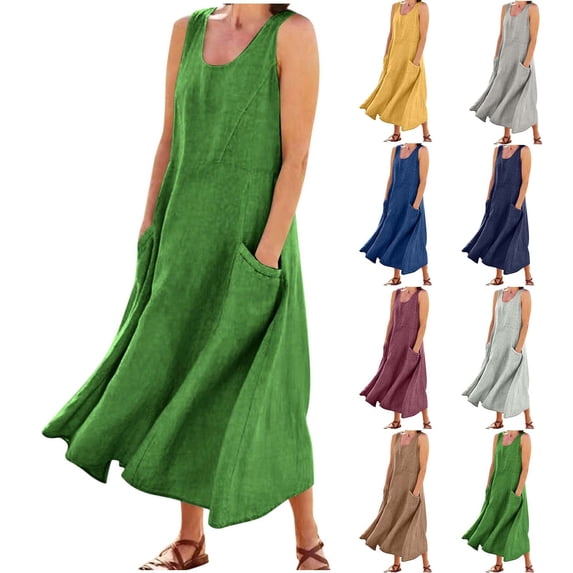 asdoklhq Elegant Dresses for Women Vacation Dresses SummerCasual Sleeveless Round Neck Pocket Dress Skirt Dark Gray S