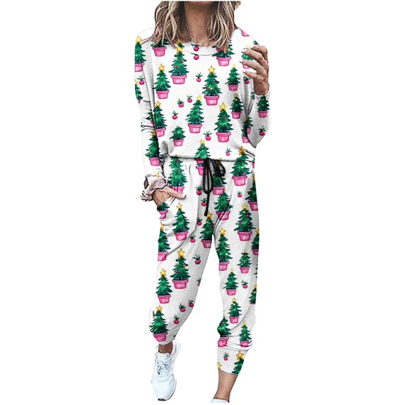 asdoklhq Fall Pajamas Women Classic Print Long Sleeve Sport Pullover and Pants Set Multicolor 3X