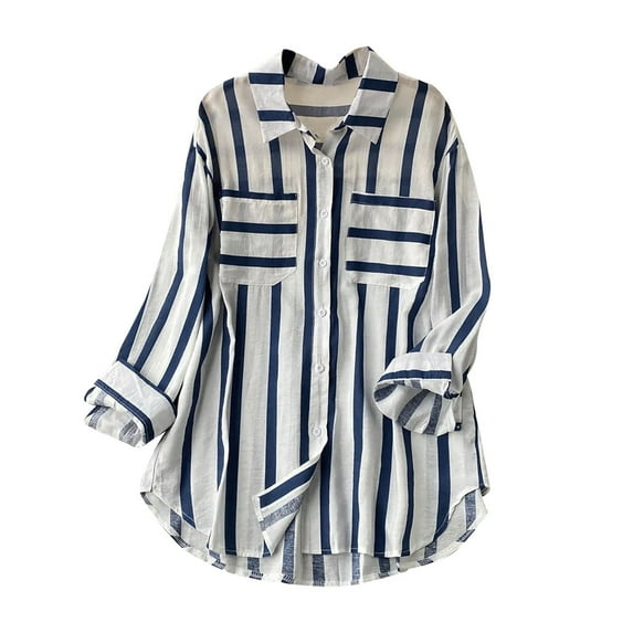 asdoklhq Fall Shirt Blouse for Women Casual 3/4 Sleeve Tops Women's Summer Casual Mid-length Vertical Striped Multi-colored Shirt Blue S
