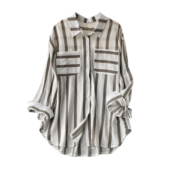asdoklhq Fall Shirt Blouse for Women Casual 3/4 Sleeve Tops Women's Summer Casual Mid-length Vertical Striped Multi-colored Shirt Khaki L
