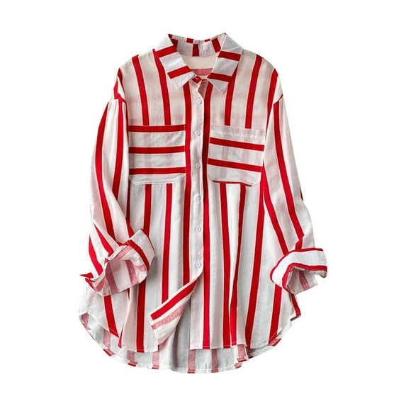 asdoklhq Fall Shirt Blouse for Women Casual 3/4 Sleeve Tops Women's Summer Casual Mid-length Vertical Striped Multi-colored Shirt Red XXL