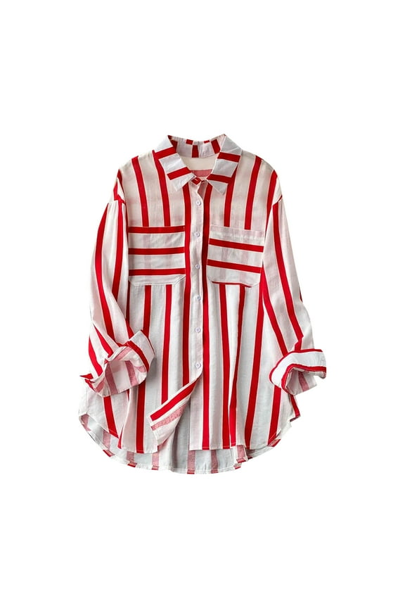 Fall Shirt Blouse for Women Casual 3/4 Sleeve Tops Women's Summer Casual Mid-length Vertical Striped Multi-colored Shirt Red XXL