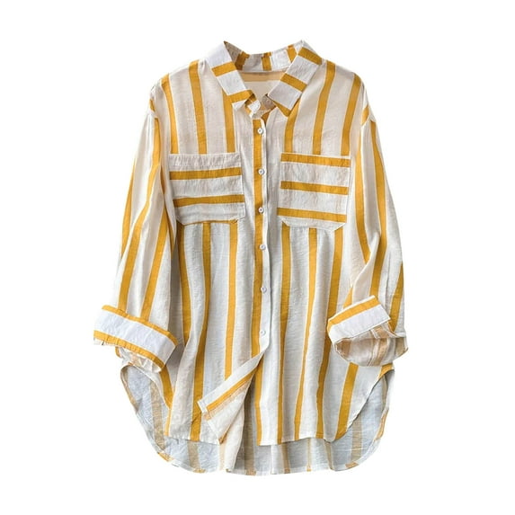 asdoklhq Fall Shirt Blouse for Women Casual 3/4 Sleeve Tops Women's Summer Casual Mid-length Vertical Striped Multi-colored Shirt Yellow XXXXXL