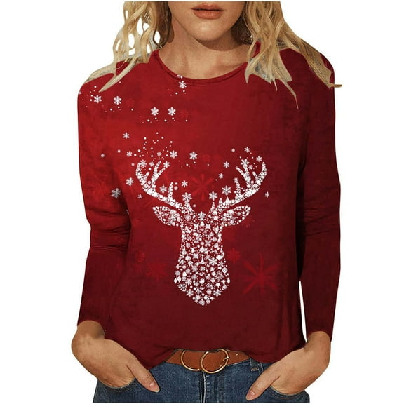 asdoklhq Fall Sweatshirts for Women Christmas Women's Fashion Tees Casual Round Neck Loose T Shirt Long Sleeve Christmas Print Shirt Multicolor M