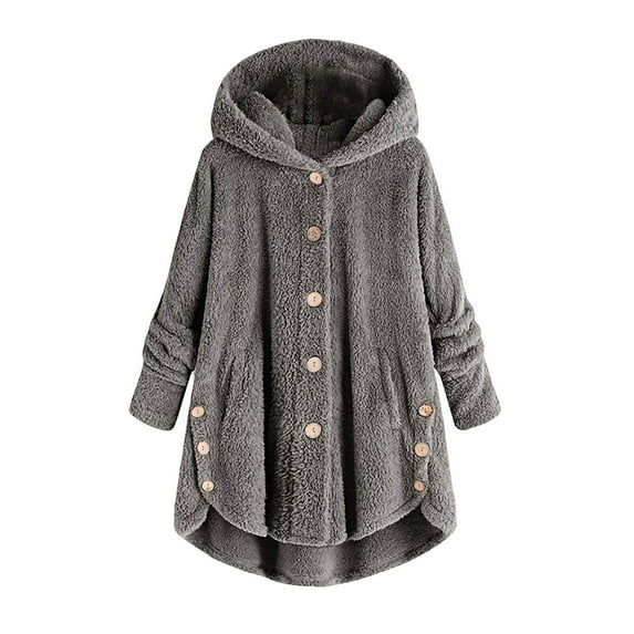 asdoklhq Fall Winter Womens Plus Size Clearance,Women Plus Size Button Plush Tops Hooded Loose Cardigan Wool Coat Winter Jacket