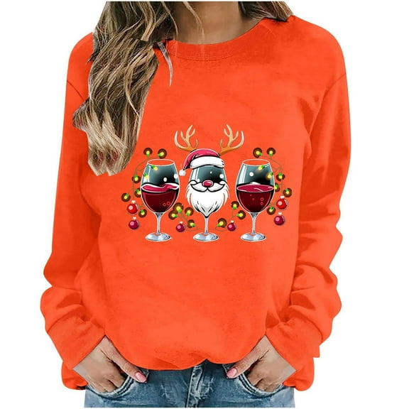 asdoklhq Festive Long Sleeve Pullover Women's Round Neck Christmas Printed Sweatshirt Long Sleeved Top Sweatshirt Orange L